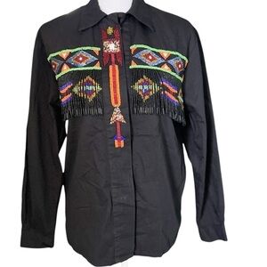 Lew Magram Vintage Women 6 Retro Beaded Western Indian Aztec Fringe Black